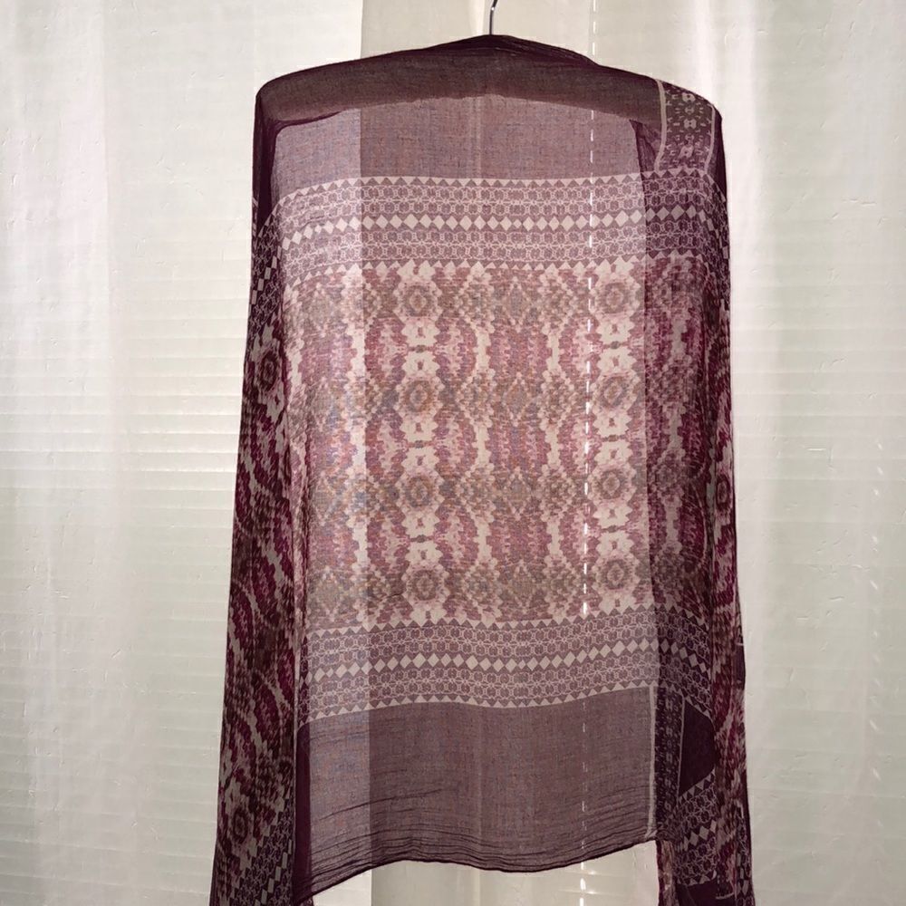 Python Print Burgundy White Brown Scarf Wrap with Raw Fringe Hem